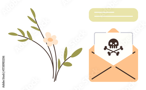 Poison warning letter emerging from an envelope with a skull and crossbones next to delicate flowers. Ideal for caution, danger communication, toxic relationships, contrasting themes, messages