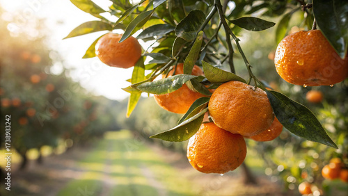 Closeup of ripe tangerines hanging on a tree branch in an orchard at sunset