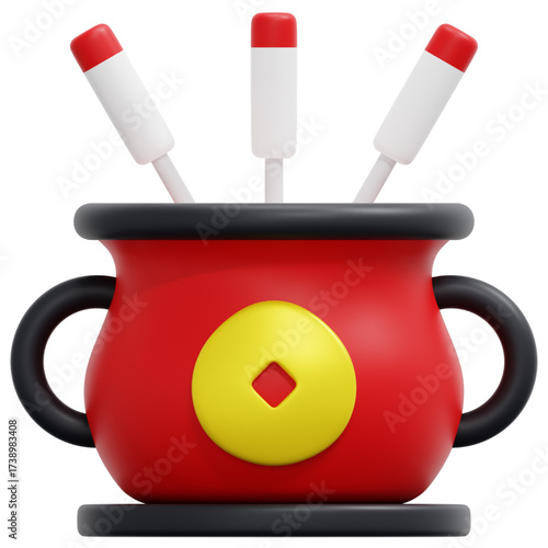 A 3D rendered red pot with a yellow coin symbol and three white and red sticks, resembling a fortune-telling or incense holder.