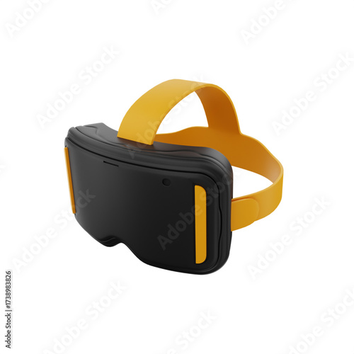 Black virtual reality headset with a bright yellow adjustable strap on a white background, viewed from an angle.
