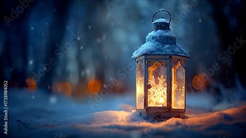 Snow covered lantern illuminated at night in winter landscape scene