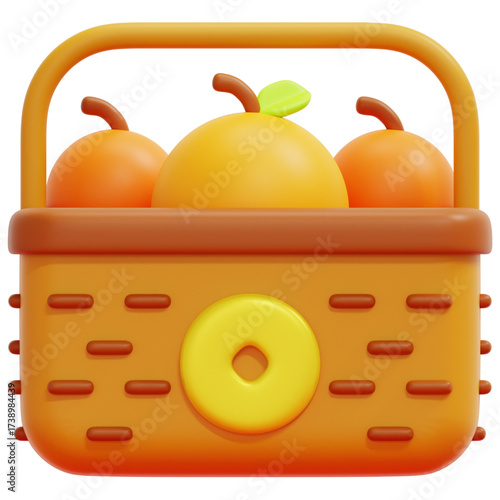 A 3D rendering of a basket filled with oranges, showcasing a vibrant and appetizing visual.