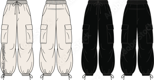 Men’s cargo jogger pants flat sketch, fashion cad vector, drawstring waist joggers, utility pocket pants, casual streetwear fashion design illustration