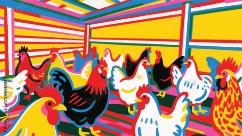 Collection of Farmed Chickens in a Cage Illustrator Artwork Banner Background Design Template 
