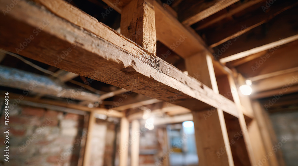 Fototapeta premium Old wooden beam and exposed stud framing in dimly lit basement with warm construction light