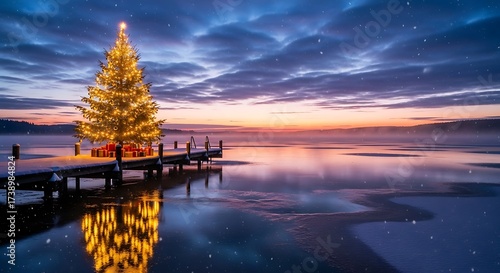 Fototapeta Naklejka Na Ścianę i Meble -  Christmas Tree on Dock at Sunset - A Festive Winter Scene.