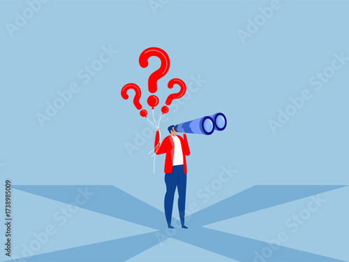 Businessman holding telescope with question marks balloon look for solutions.Search answer, question mark balloon finding solution or search for answer, solving problem or curiosity,vector