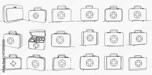 A collection of first aid kit illustrations in various styles and angles.