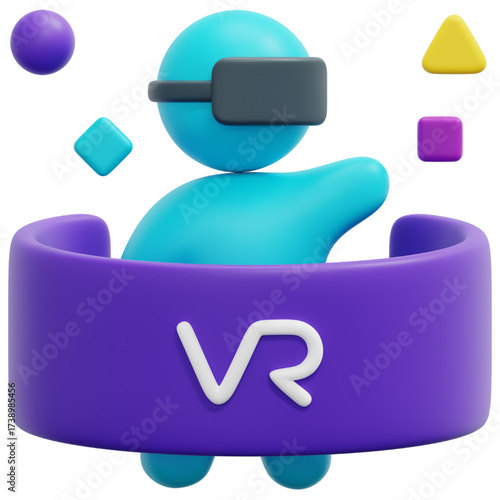 3D rendering of a person wearing a VR headset surrounded by geometric shapes.