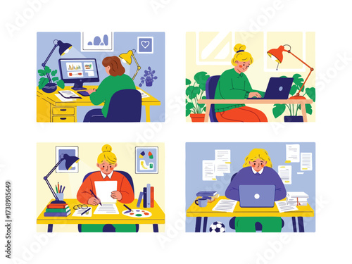 Women working from home set with computers and paperwork