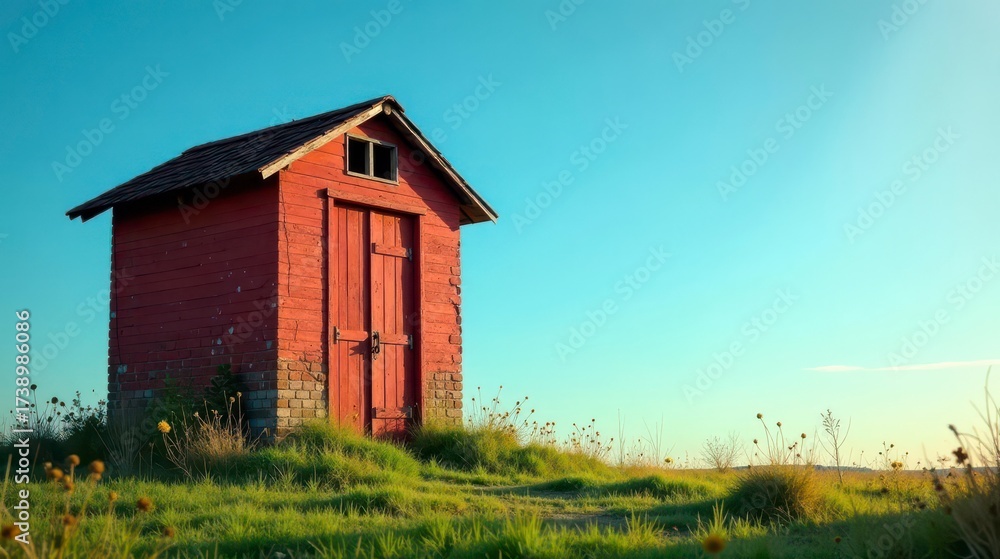 Obraz premium Rustic Red Wooden Structure in a Serene Meadow Under a Vast Sky