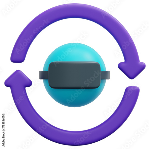 3D rendering of a virtual reality headset inside a circular arrow, representing a cycle.