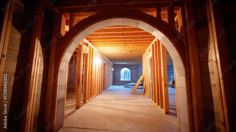 Fototapeta premium Unfinished basement interior with wooden framing and arched doorway, warm lighting creating cozy construction atmosphere