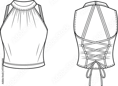 Women’s halter top flat sketch, lace up back blouse, sleeveless fashion cad, fitted crop top design, trendy women’s clothing vector