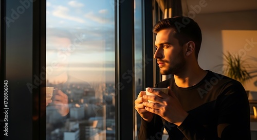 Man holding coffee cup looking out large window at sunrise over city image