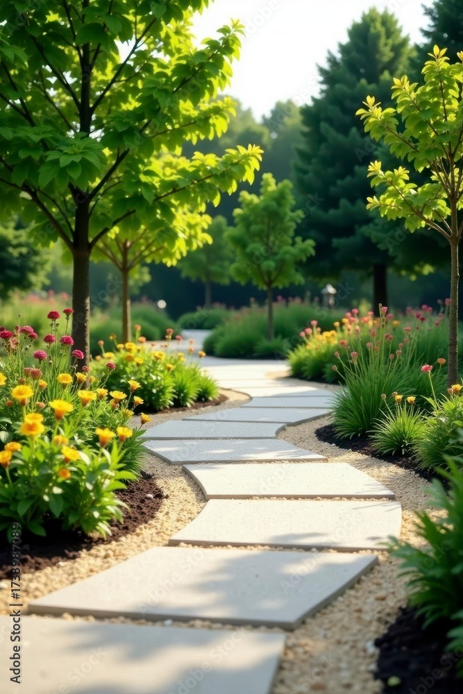 Fototapeta premium Serene Garden Path Meandering Through Lush Greenery and Vibrant Blooms