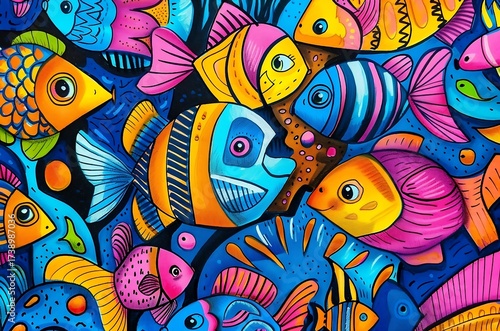 Vibrant school of fish swimming in a colorful sea, perfect for children's books, playful designs, and captivating wall art for a happy, whimsical feel