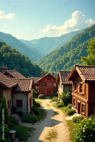 Wallpaper Mural Peaceful Mountain Village Homescape Charming Cottages Nestled Amongst Lush Greenery and Rolling Hills on a Sunny Day Torontodigital.ca