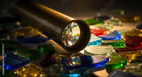 Close up of a kaleidoscope tube resting on colorful glass gems.