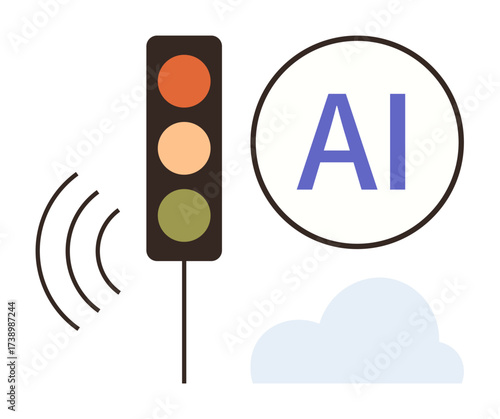 Traffic light with wireless signals, AI text, and cloud illustration. Ideal for automation, technology, IoT, transportation, smart city, innovation connectivity simple flat metaphor