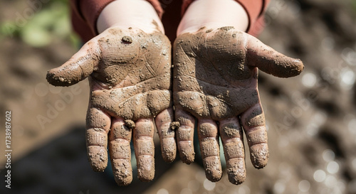 Closeup of a childs hands covered in dirt, showcasing the joy of outdoor play and connection with nature