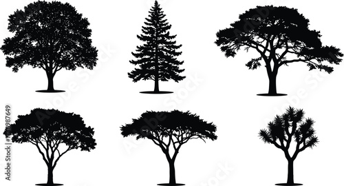Silhouette trees collection, diverse tree shapes, natural forest icons, botanical illustration set, landscape design elements, black tree outlines, ecology concept