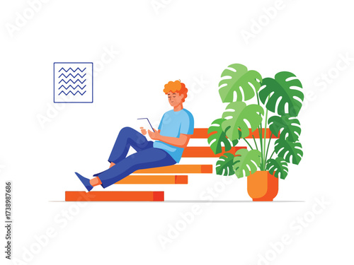Relaxed Man Sitting on Stairs and Using Digital Tablet for Reading or Streaming