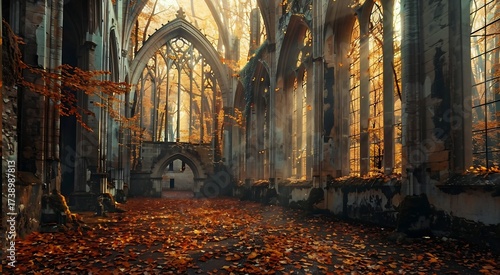 Enchanting autumn light streams through the ruins of an old cathedral, creating a magical and atmospheric scene perfect for fantasy or historical projects