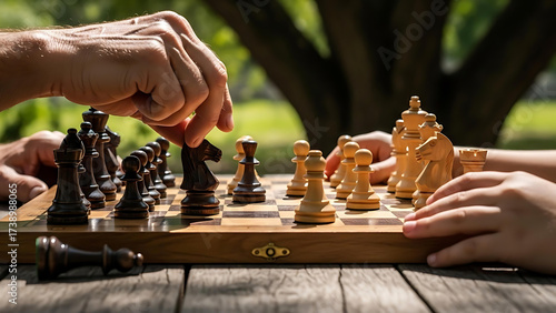 A close-up of two hands playing chess