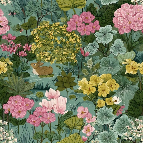 Enchanting garden scene with a cute bunny resting on a lily pad among colorful flowers, leaves, and butterflies in a serene, peaceful setting