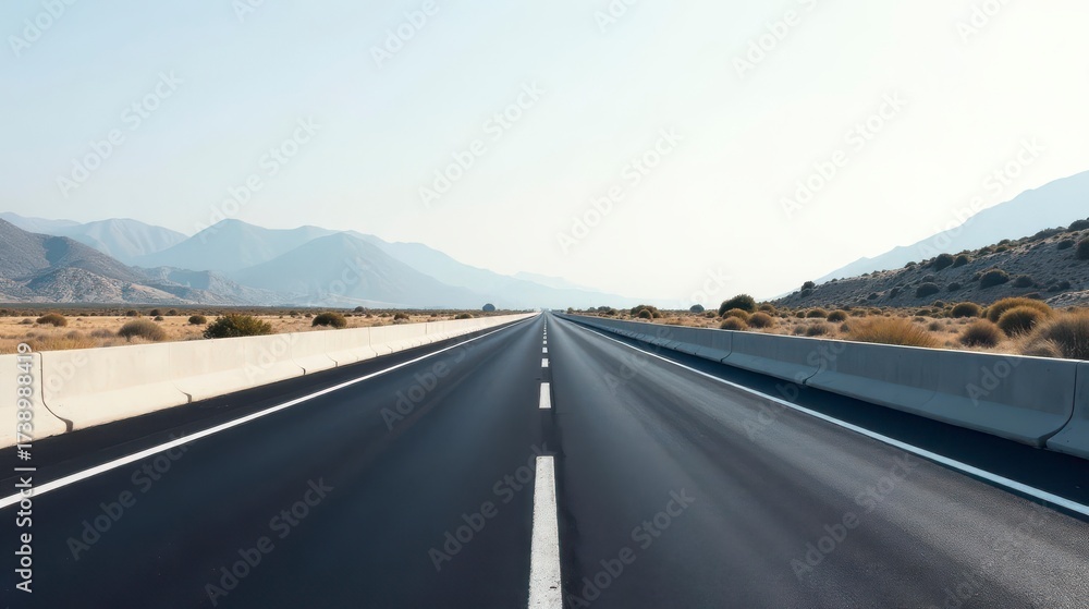 Fototapeta premium Asphalt road stretching towards distant mountains under a clear sky, bordered by low concrete barriers and arid shrubbery