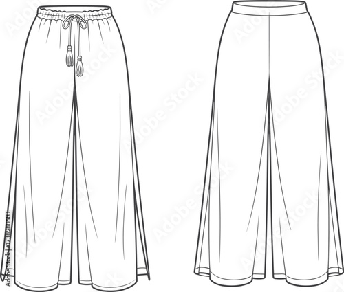 Women’s palazzo pants vector, wide leg trousers cad, loose fit fashion flat, high waist pants sketch, casual summer design, apparel template