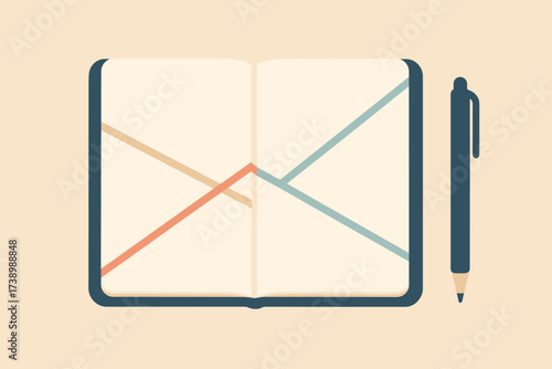 Illustration line vector across geometric spread flat notebook nearby pen pages minimalist