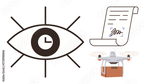 Eye with clock symbolizing monitoring, document with signature for agreements, quadcopter delivering package. Ideal for time management, e-commerce, innovation, logistics, security, contracts