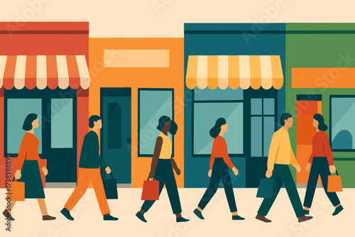 Windows minimalist people scene shopping vector facades shop silhouettes walking row illustration