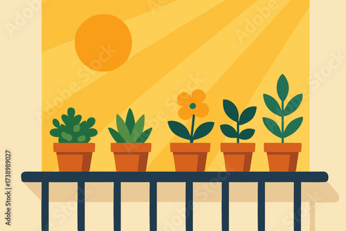Gardening illustration clean balcony vector blocks stylized lined potted minimalist sun railing