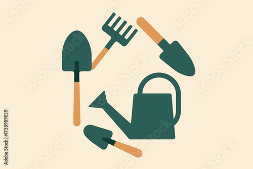Illustration spade rake can trowel circle arranged gardening geometric vector tools pattern