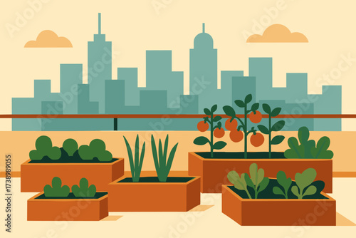 Skyline rooftop silhouette garden vector illustration boxes city minimalism plants flat
