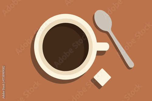 Illustration cube cup sugar geometrically coffee spoon beside scene minimalist overhead vector