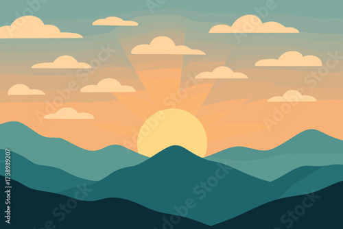 Landscape scattered flat rising vector through layered mountain illustration breaking sunrise minimalism