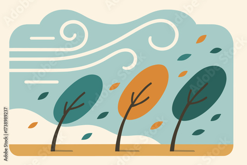Geometric trees swirled windy blowing lines illustration bending abstract scene vector