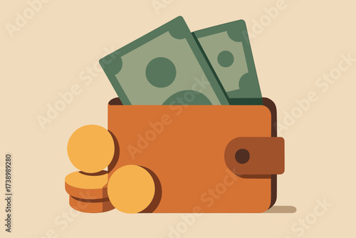 Illustration abstract finance shape wallet geometric layers coins arranged minimalist notes vector