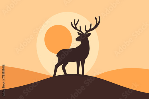 Vector sunrise deer behind hill illustration silhouette standing circular flat sun