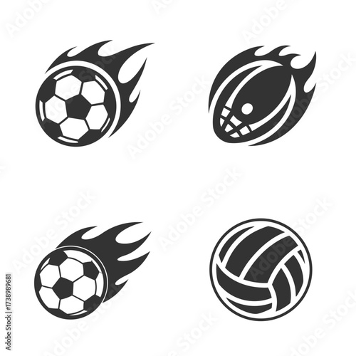 Four sports balls soccer american football volleyball in motion with flames vector
