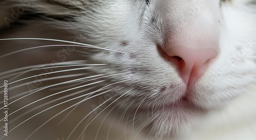 Close-up of a cats face, showcasing whiskers and nose details.