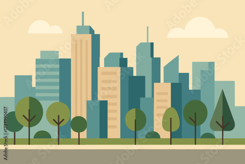 Downtown lining geometric vector flat abstract simplified cityscape street towers minimalist illustration
