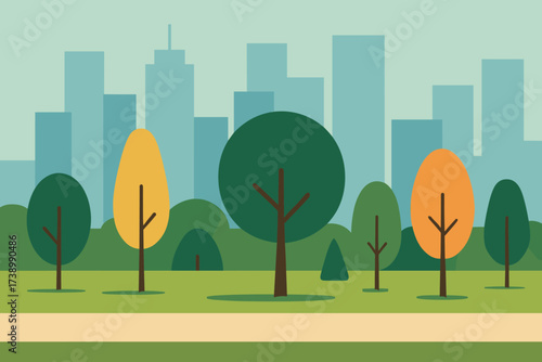 Cityscape minimalist vector park placed flat simplified illustration tall city against trees