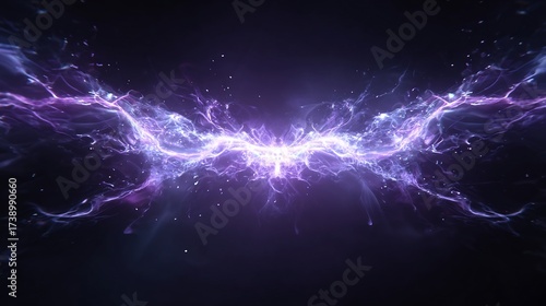 Dynamic abstract electric energy burst with vibrant purple and blue plasma light on a dark background, creating a futuristic visual effect.