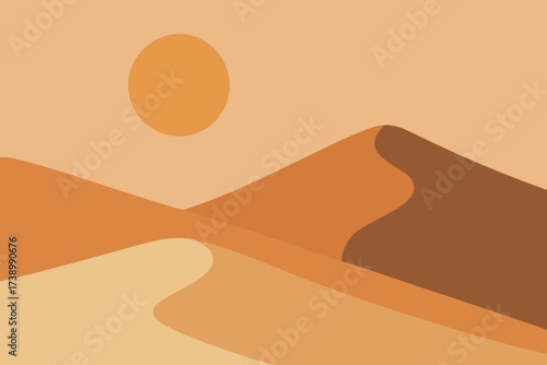 Geometric simplified dunes tones sun scene desert flat vector illustration sunscape