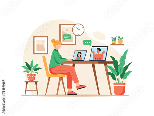 Online Team Meeting or Remote Education Concept: Virtual Communication via Video Call
